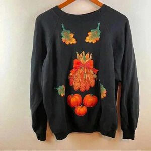VTG USA Hanes Women's Sz.L Sweatshirt Fall Appliqué Front/Back Leaves/Pumpkins
